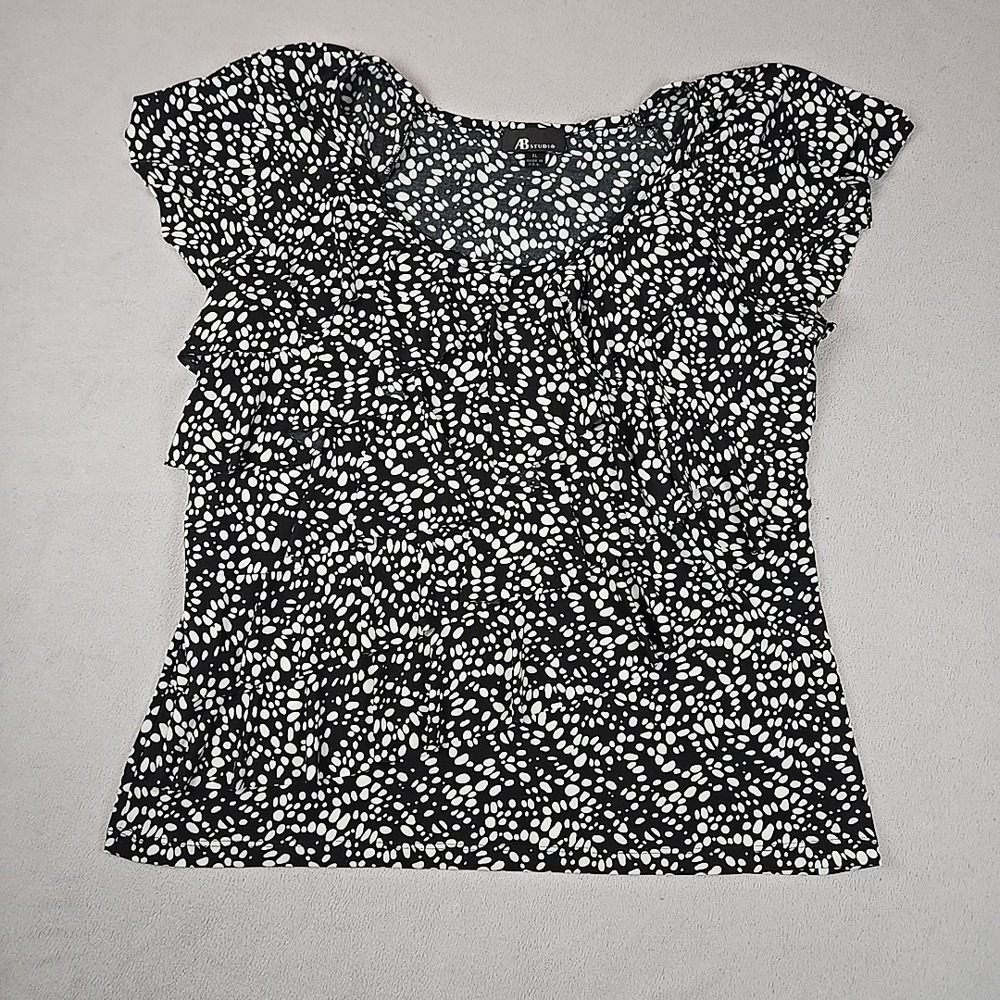AB Studio Women's XL Sleeveless Black & White Patterned Ruffle Blouse VINTAGE